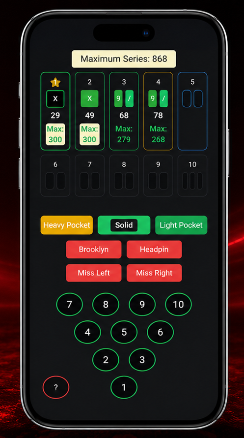 Kaizen Bowling app screen showing shot tracking and pocket accuracy controls