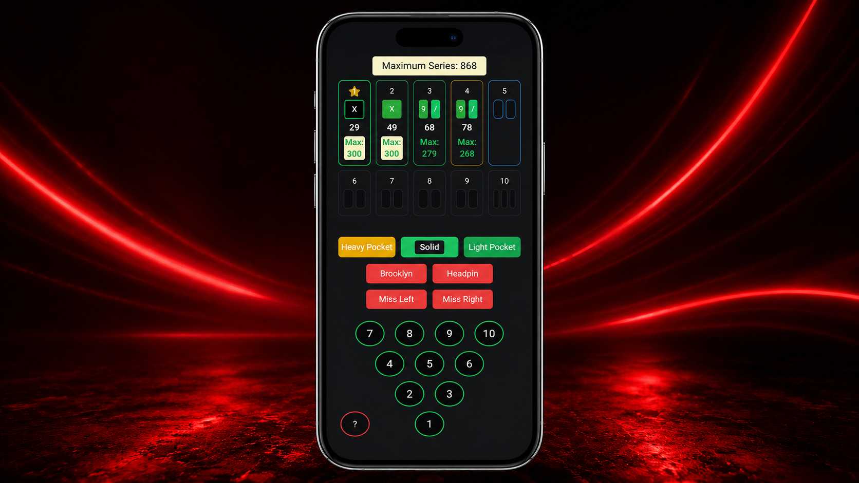 KB App in-game scoring screen showing current game progress, pocket accuracy, and KB Score during an active bowling session
