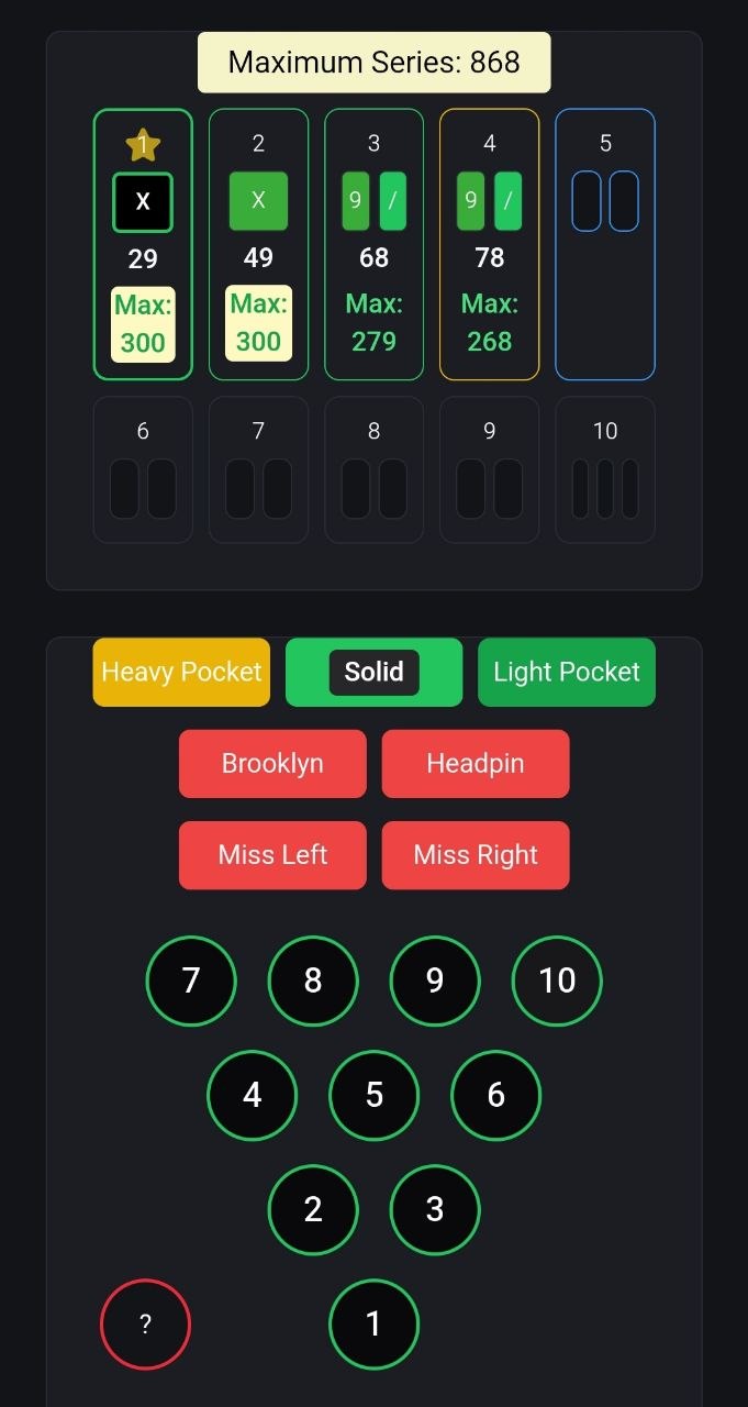 KB App showing in-play bowling scores and shot tracking during a live game session