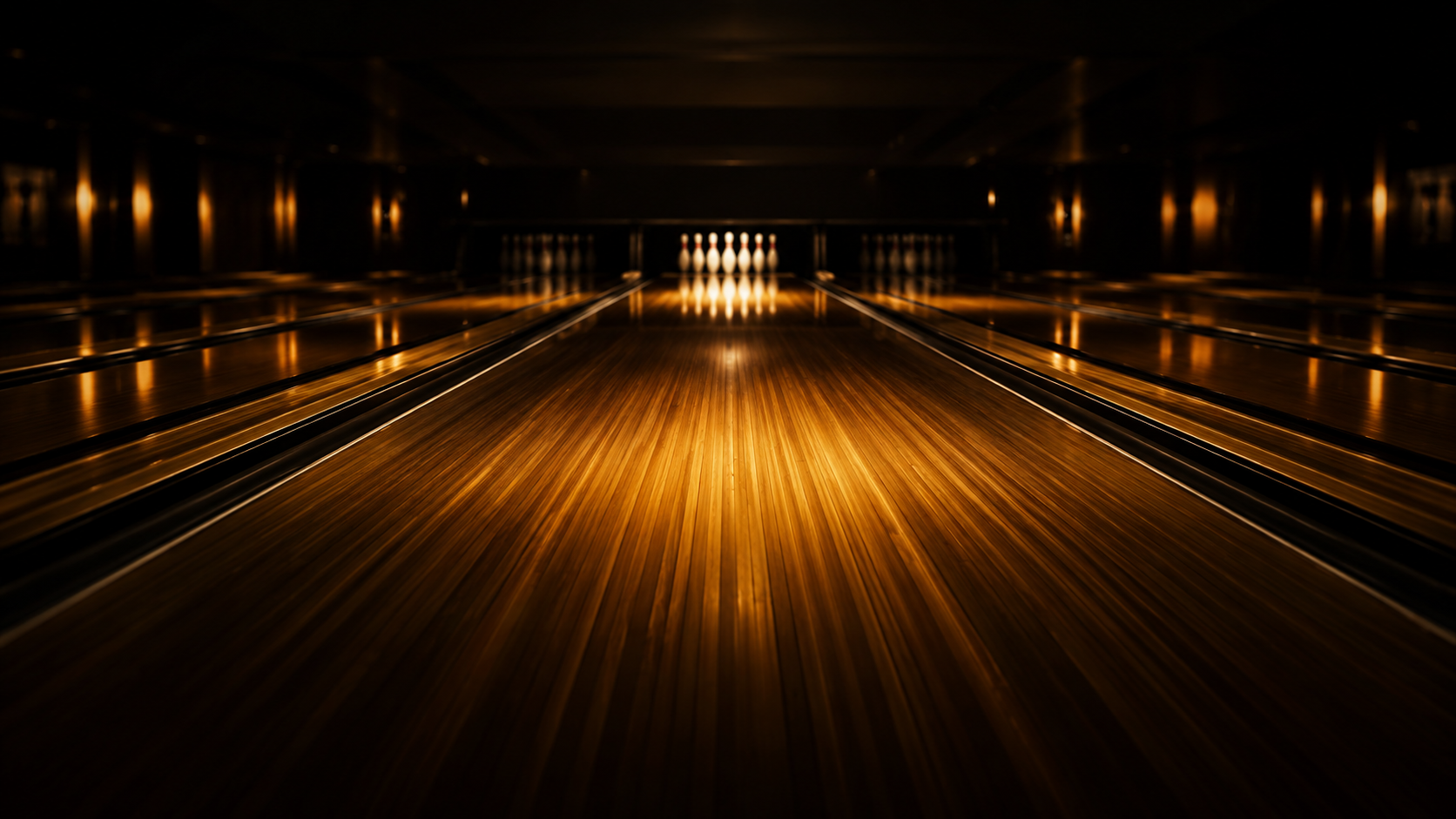 Bowling ball rolling towards pins with golden lighting